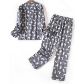 CHUNG Women Brushed Cotton Pyjamas Set Long Sleeve Button Down Tops Pants Flannel Sleepwear Lounge Cozy Warm Winter Plus Size Grey Cat S