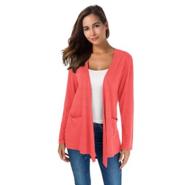 TownCat Cardigans for Women Loose Casual Long Sleeved Open Front Breathable Cardigans with Pocket (Coral, L)
