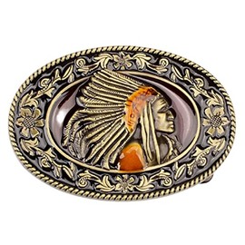 Longcreek Native American Indian Chief Belt Buckle for Men, Native American Warrior Chief Head Belt Buckle, Indian Tribal Chief Filigree Belt Buckle, bronze