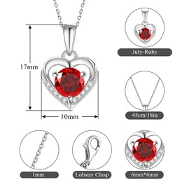 Eastlily Heart Ruby Zirconia Necklace for Women,925 Sterling Silver Birthstone Pendant July-Ruby,Sterling Silver Necklace Pendant with Titanium Steel Chain 18",Women's Jewelry Gift for Birthday