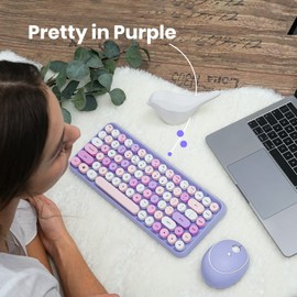 Perixx PERIDUO-713PP Wireless Mini Keyboard and Mouse Combo - Retro Round Key Caps - Pastel Purple - US English Layout (PD-713PPUS-11953)