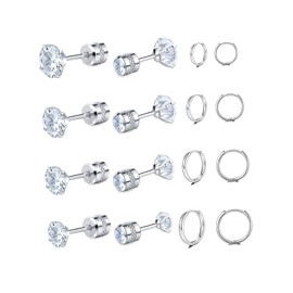 Titanium Screw Back Stainless Steel Stud and Hoop Earrings for Women Men (Silver Set-Clear CZ)