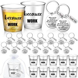 Nuogo 24 Set Boss Day Gift Favors 2.87 oz Because Work Disposable Shot Glasses with Thank You Keychain Organza Bags Thank You Boss Gift for Men Women Manger Coworker Leader Employee Christmas Office