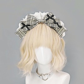 Large Bow Headband Checkered Girly Style Headband with Lace Cute Maid Hairband Sweet Hair Ornament Lolita (Black)