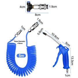 WinGluge Blow Gun, Compressed Air Gun with 5 m Spiral Hose, Truck Air Duster Blow Gun, Compressed Air Accessories, Air Blow Gun with T Piece Quick Coupling Accessories, for Truck, Car, Boat (Blue)