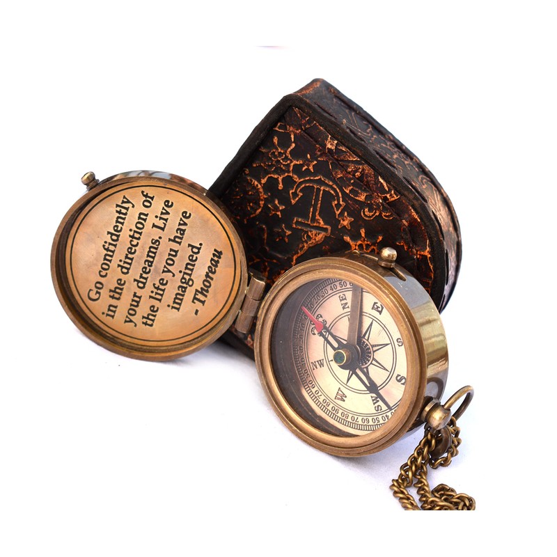 Solid Brass Thoreau's Go Confidently Quote Engraved Compass with Wooden