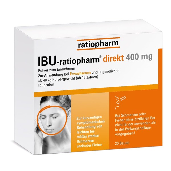 IBU-ratiopharm direkt 400 mg powder: the pain reliever for taking without water. Active ingredient ibuprofen, pack of 20
