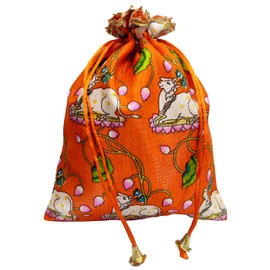 Purpledip Silk Drawstring Potli Pouch Pack Of 5: Pichwai Art Kamdhenu Cow Print Gift Bags,Orange, 9 Inches (12756B)