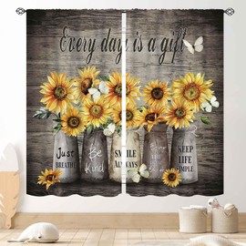 TKUYO Rustic Sunflower Kitchen Curtains, Farmhouse Yellow Floral Vase Country Rural Wooden Plant Rod Pocket Window Drapes Treatments Curtains for Bedroom Living Room 2 Panel, 42"x45" Inch