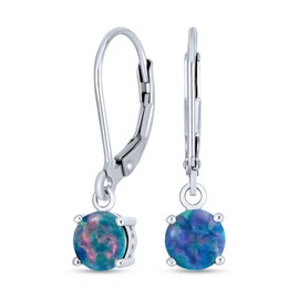 Simple Round Solitaire Black Created Opal Lever back Drop Dangle Earrings For Women .925 Sterling Silver