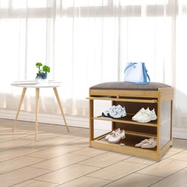 WsrrLun Entryway Shoe Bench, Modern Shoe Rack Bench with Seat Cushion, 2 Tier Storage Organizer for Entrances Hallways Living Rooms Bedrooms, 165lbs Load (Log Color, 50cm/19.69in)