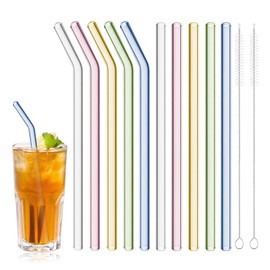 8” L Reusable Glass Straws Shatter Resistant, 10 Pcs Colorful Reusable Drinking Straws with 2 Cleaning Brush, Including 5 Straight and 5 Bent Glass Straw for Beverages, Milk, Juices, Dishwasher Safe