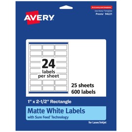 Avery Matte White Rectangle Labels with Sure Feed, 1" x 2.5", 600 Matte White Printable Labels