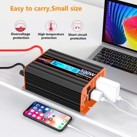 500 Watt Pure Sine Wave Power Inverter 12V DC to 110V 120V Converter for Home, RV and Off-Grid Solar Systems with Type-C Port, 2 AC Outlets, 2 USB Ports, LCD Display
