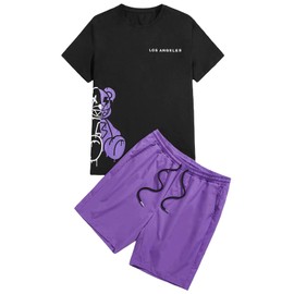 GORGLITTER Men's Letter Printed T Shirts Short Sleeve Top & Shorts Casual Two Piece Sets Black and Purple Letter & Bear Large