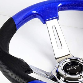 HYPERSPEED W-POWER Universal 13.5" / 343MM Black Leather Grip 6-Hole 6 Bolts Chrome 3-Spoke 4" Deep Dish Vintage Steering Wheel w/Horn Button, Car Mods Auto Interior Accessories (Pearl Blue Wood)