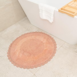 Unique Round Boho Bath Mat with Crochet Contour - 100% Cotton Boho Bathroom Rugs -Reversible - Decorative Non-Slip Bohemian Rug for Bath and Bedroom - Cute Boho Decor - Blush Pink 30"