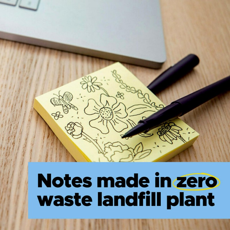 Post-it 100% Recycled Paper Super Sticky Notes, Canary Yellow, 3