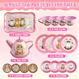 Cat Tea Party Set for Little Girls - 18pcs Tin Tea Set for Kids Tea Time Includes Teapot, 4 Tea Cup and Saucers Set for Toddlers Ages 3 4 5 6 Year Old