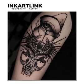 INKARTLINK Tattoo Tech, 2 Sheets Large Semi Permanent Tattoo, Adult Art Design Temporary Tattoos, Lasts 1-2 Weeks, Waterproof, Realistic Look, No Adhesive, No Reflection (Dark Skull Design)
