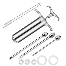 Adems Stainless Steel Meat Injector Syringe with 3 Marinade Injector Needles for BBQ Grill Smoker, 60ml/2-oz Larger Capacity and Multiple Cleaning Brushes
