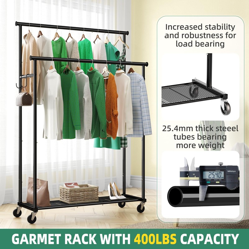 Ekisemio Double Rod Clothes Rack with Wheels Load 400 LBS,