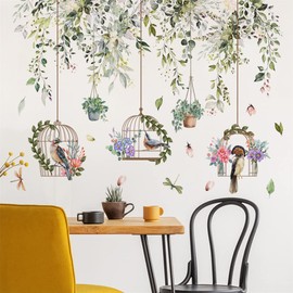 WOHAHA Wall Sticker, Plants, Fashionable, Leaves, Vines, Birds, Bird Cage, Flowers, Plant Pot, Fashionable, Wall Decoration, Removable, Wallpaper Sticker, Waterproof, Wall Sticker, Removable, Wall