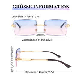 Kiiwah 2 Pairs Rectangular Rimless Sunglasses, Retro Ultra-Small Frame Sunglasses, Square Transparent Lens Sunglasses, Rimless Sunglasses, Blue, pink