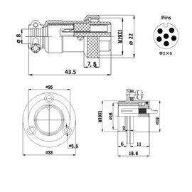 WITTKOWARE M19 Metal Connector Pair, Coupling/Mounting Plug, Screwable, Solder Connection, Strain Relief, Seal/Protective Cap, 10A, 6-Pin