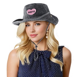 DOCILA Denim Cowboy Hat with Pink Heart Patch Packable Sun Bucket Hats Washed Jean Fisherman Cap Western Outfit for Women