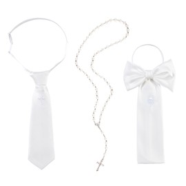 PARBEE Boys First Communion Tie with Cross, First Holy Communion Arm Band with Chalice, Boys Communion Accessories Set with Rosary for 1st Communion, Baptism or Confirmation, White