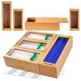 Storage Bag Organizer, Bamboo Baggie Organizer for Drawer, 4 Modular Blocks for Kitchen Organization, Plastic Bag Storage Organizer, Quick Refill - Fits Gallon, Quart, Sandwich, Snack Size Bags