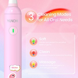 YUNCHI K5 Kids Electric Toothbrush Rechargeable for Ages 4-6-8-12 with Fun Sticker Designs, 3 Modes with Timer, Children’s Electric Toothbrush with 4 Brush Heads & Waterproof Sticker Sheets, Pink