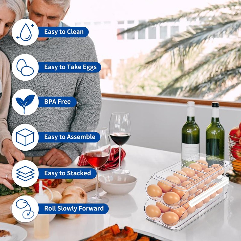 MesRosa Egg Holder for Fridge, Automatic Rolling Egg Organizer for