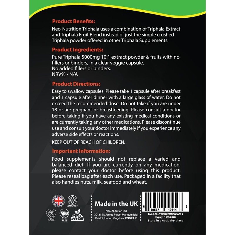 Neo Organic Triphala Capsules, 60 Caps | Fresh-Ground Whole Food