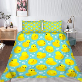 ANHOPE Cartoon Yellow Rubber Duck Bed Linen Set 3-Piece Soft Duvet Cover 135 x 200 cm and 2 Pillowcases 50 x 70 cm Microfibre Duvet Covers Set with Zip Duvet Cover for Children Boys Girls