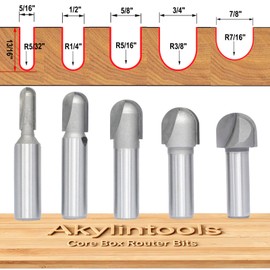 Akylin 5pcs Round Nose Router Bits Set 1/2 Inch Shank Core Box Bits
