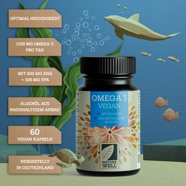 Omega-3 Vegan 60 Capsules High Dose, 2000 mg Omega-3 Algae Oil per Day with 600 mg DHA & 300 mg EPA, Vegan Omega from Sustainable Cultivation as a Fish Oil Alternative, Laboratory Tested with