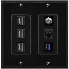 Wallplate City 1 Port CAT6 COAX 3 HD USB-3 Wall Plate-2 Gang Black/Black
