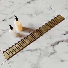 HTOH Gold Shower Drain, 36 Inch Linear Shower Drain with Removable Square Hole Cover Grate, Bathroom Modern 304 Stainless Steel Brushed Gold Shower Floor Drain with Adjustable Feet,Hair Strainer
