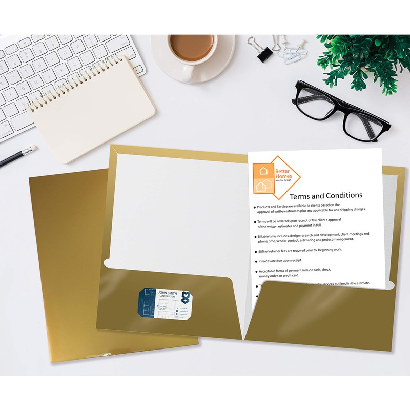 2 Pocket Glossy Laminated Metallic Gold Paper Folders, Letter Size,