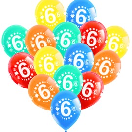 15 Birthday Balloons, Number 6, Printed on 4 Sides, Premium Balloons Suitable for Helium, 5 Colours, Blue, Red, Yellow, Orange, Green, for 3rd Birthday, 100% Natural Latex, Biodegradable