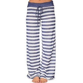 AMiERY Women's Pajamas Bottoms Lounge Pants Womens Cotton Comfy Striped Casual Palazzo Sleepwear Pajama Pants (L, Blue Striped)