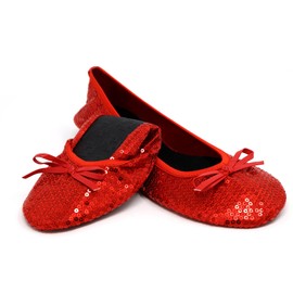 Silky Toes Women's Foldable Sequin Shoes Dressy Ballet Flats Roll Up Slipper Shoe with Matching Carrying Pouch, Red Sequins New-Small