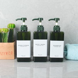 GOYISEE Plastic Refillable Hand Soap Dispenser Modern Square Pump Bottle for Bathroom Vanities or Kitchen Sink, Countertops - 4 Packs with Waterproof Label