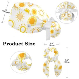 Doodle Suns Yellow Scrub Caps Surgical Women & Hair Band Set, Cotton Working Hat Sweatband, Bouffant Hat Ponytail Pouch
