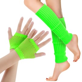 Yolev 2 Pairs Fishnet Gloves Fingerless Mesh Gloves for Women 80s Short Fish Net Gloves Retro Neon Leg Warmers Fancy Dress Costume Accessories Neon Colors 80s Neon Party Accessories Fluorescent Green