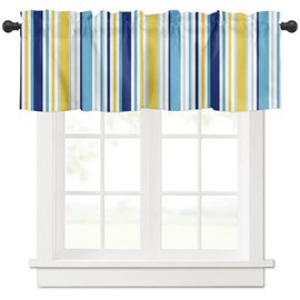 Yellow Blue Stripe Curtains for Living Room/Bedroom/Bathroom/Kitchen Windows - Rod Pocket Window Valance Tiers Small Curtain Drape Panel, Abstract Minimalist Geometric Panel Valance 60"x18"