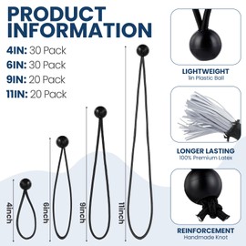 Wowangce 100 Pcs 4, 6, 9, 11 Inch Ball Bungee Cords Tarp Tie Downs Bungee Cords with Balls Heavy Duty Outdoor Tarp Straps for Canopy Shelter Camping Cargo Tent Poles UV Resistant (Black)