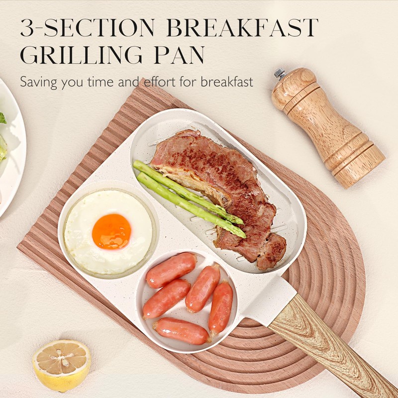 GiPP Ceramic Non Stick Egg Pan, 3-In-1 Divided Breakfast Omelette